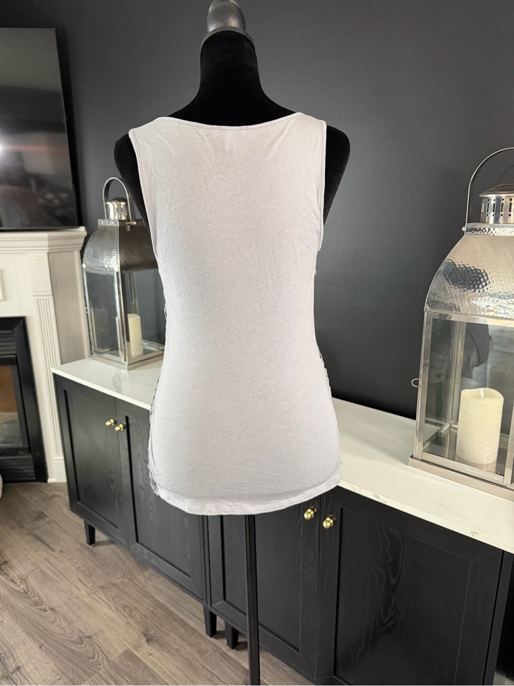 Express Gray Crochet Lace Front Tank Top Boho Sleeveless Size Small - Picture 4 of 5